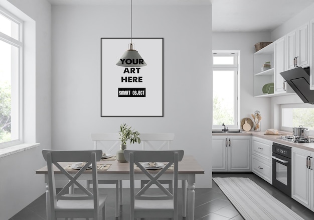 Vertical black frame mockup in kitchen