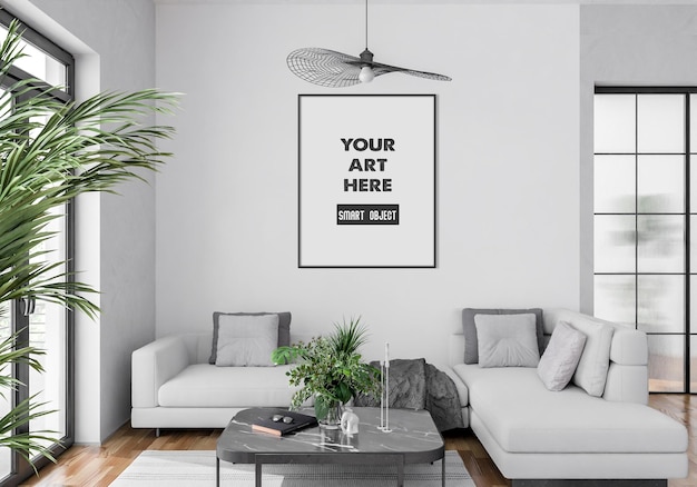 Vertical black frame mockup in living room