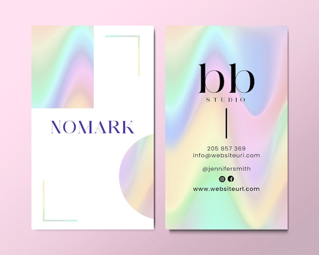 PSD vertical business card template design with holographic background