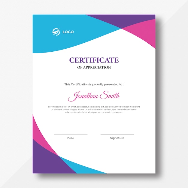 Vertical Colored Blue, Pink and Purple Waves Certificate Design Template