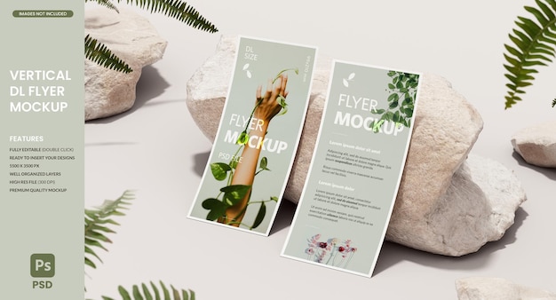 Vertical DL flyer mockup resting on a rock with plants on the background in 3D rendering