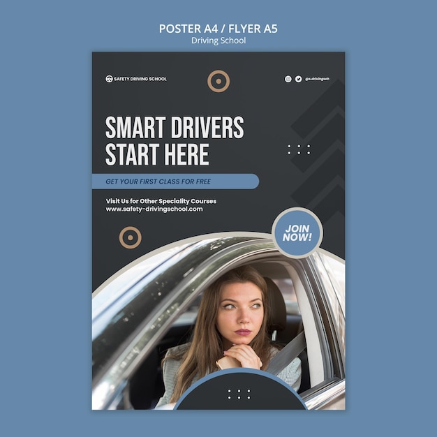Vertical flyer template for driving school with female driver in car