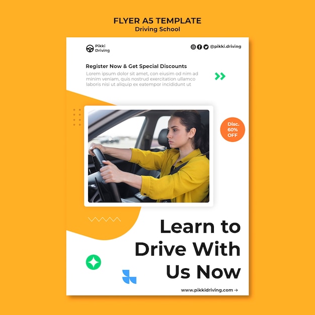 PSD vertical flyer template for driving school with woman and car