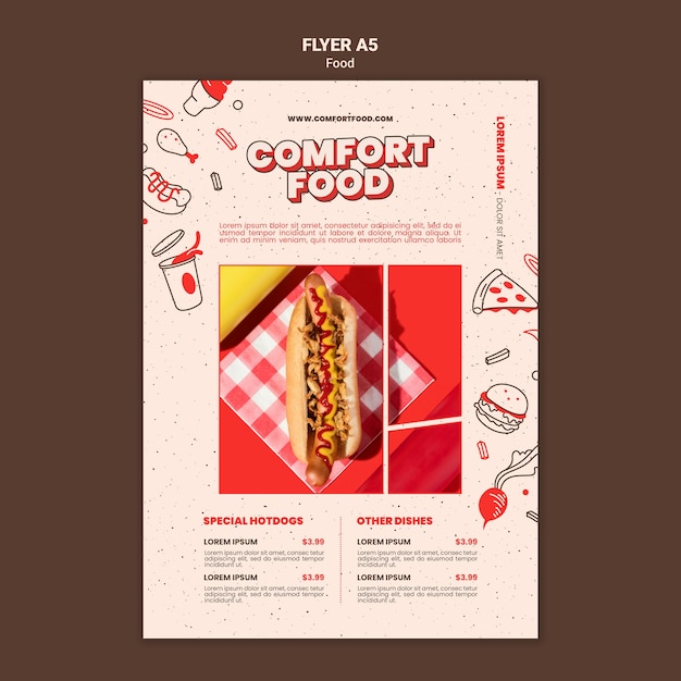 PSD vertical flyer template for hot dog comfort food