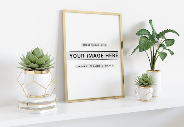 Vertical frame laying on shelf mockup