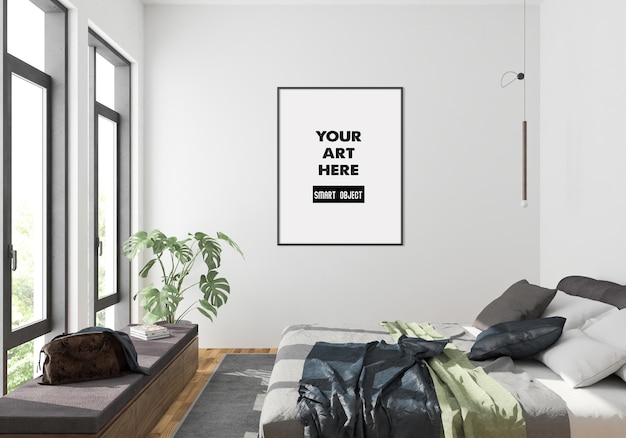 Vertical frame mockup in bedroom