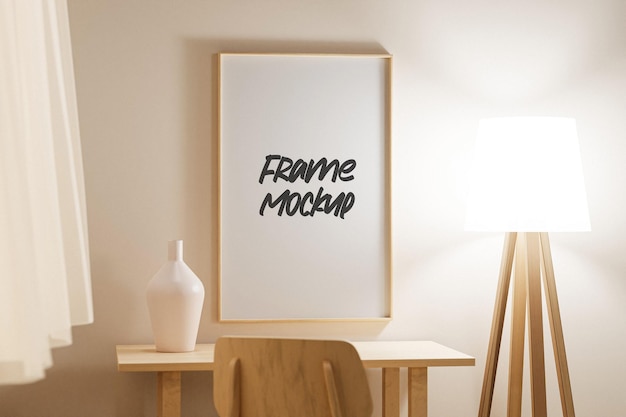 Vertical frame mockup in beige wood interior 3d render