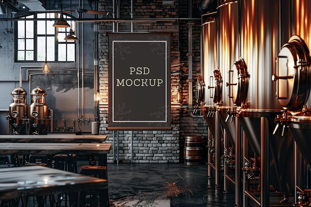 PSD vertical frame mockup in dark brewery bar interior