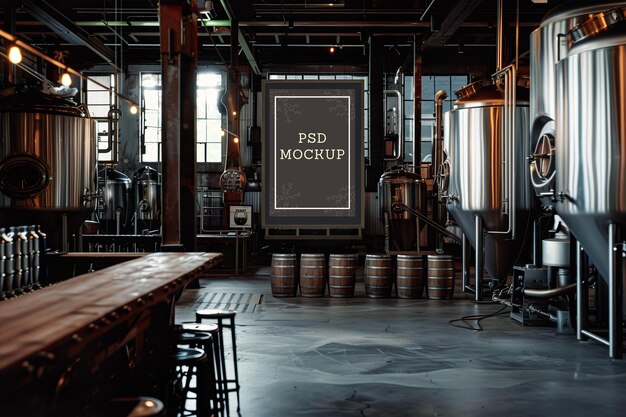 PSD vertical frame mockup in dark brewery bar interior