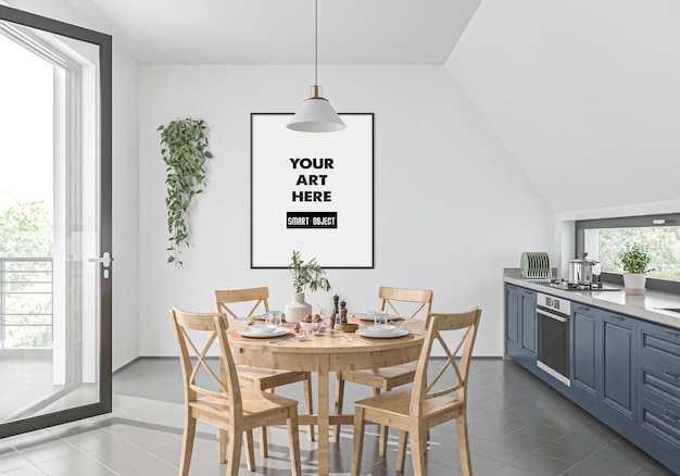 Vertical frame mockup in kitchen