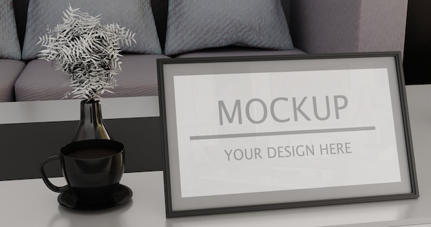 Vertical frame mockup on living room table with a cup of coffee