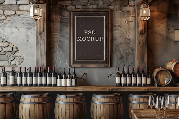 PSD vertical frame mockup in wine restaurant with glass bottles