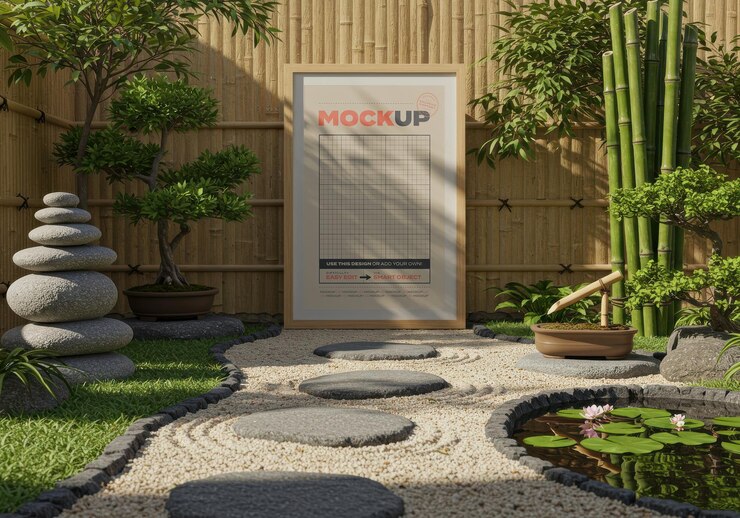 PSD vertical frame poster mockup on meditative japanese garden