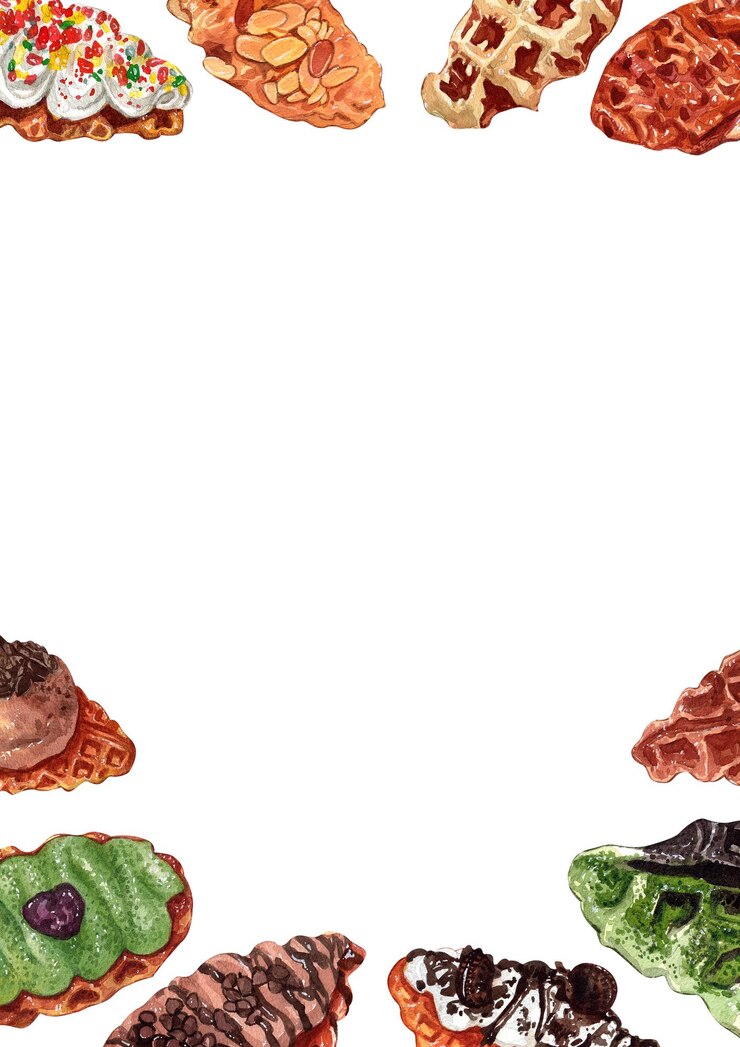 PSD vertical frame watercolor illustration of a croffle topped with chocolate matcha almonds