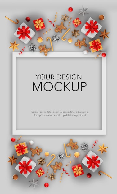 PSD vertical image of a card with gifts and christmas decorations, mockup