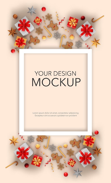 PSD vertical image of a card with gifts and christmas decorations, mockup