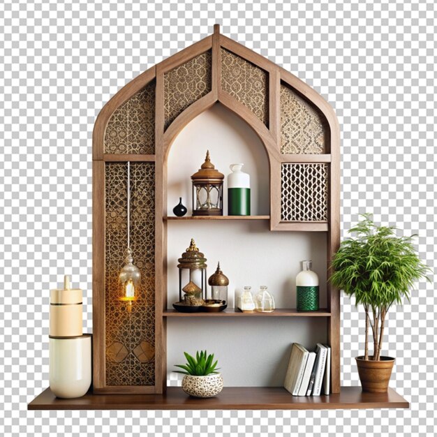 Vertical metal lanterns on wooden cupboard ramadan lanterns on transparent background