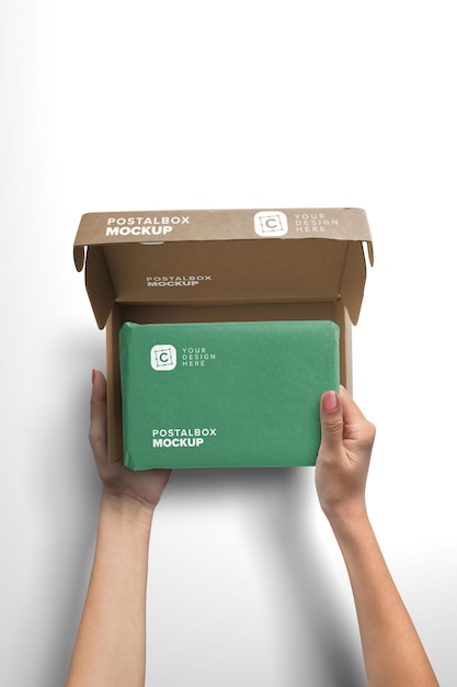 PSD vertical mockup woman hand holding package mockup with postal box