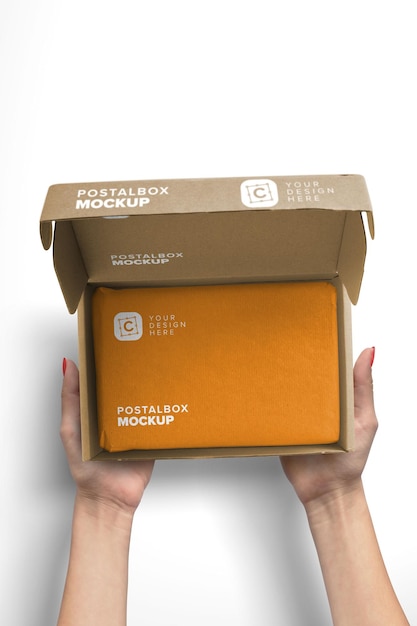 Vertical mockup woman hands holding opened postal box with package mockup