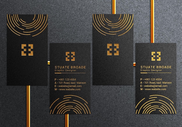 PSD vertical multiple business card mockup with realistic black card with emboss golden style mockup