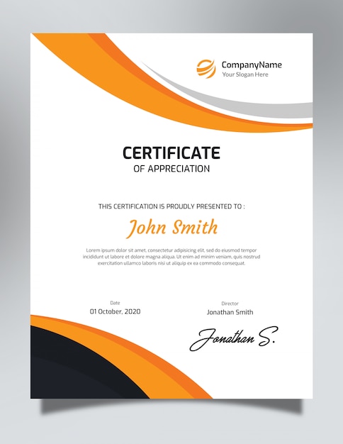 Vertical orange & black certificate template