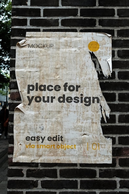 Vertical paper paste on brick wall mockup