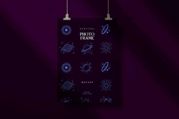 PSD vertical poster frame mockup with celestial and cosmic line art elements