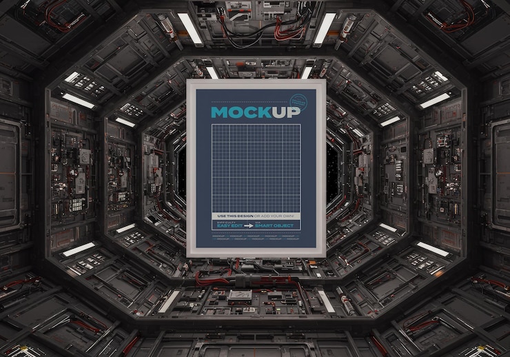 PSD vertical poster mockup floating inside space ship