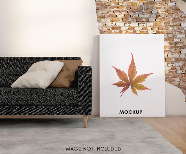 Vertical poster mockup on floor with sofa