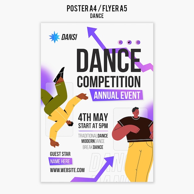 Modello di poster verticale per lezioni di studio di danza