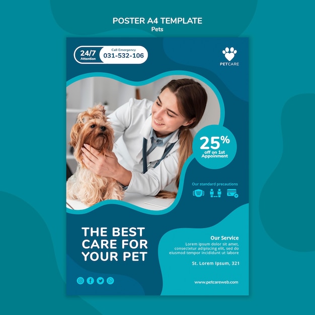 PSD modello di poster verticale per la cura degli animali domestici con veterinario femmina e cane yorkshire terrier