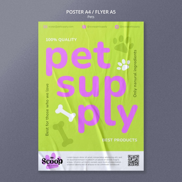 PSD vertical poster template with paw prints for pet food