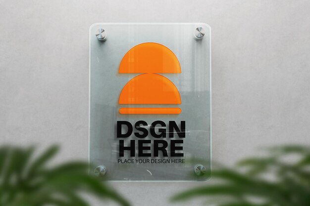 PSD vertical rounded rectangle acrylic glass nameplate realistic logo mockup on concrete wall