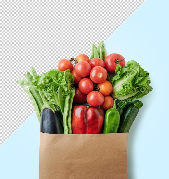 Vertical shot of fresh vegetables in a recyclable paper bag mockup