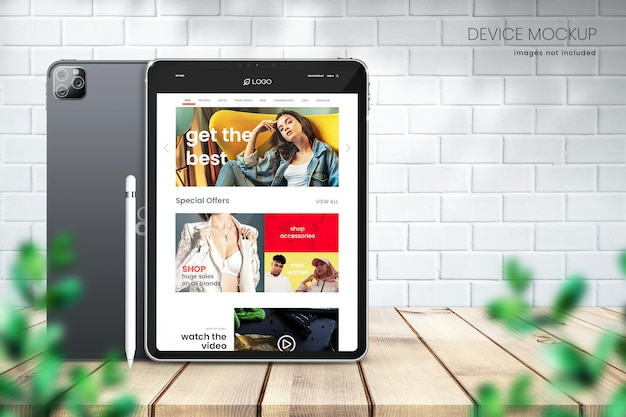 Vertical tablet mockup with white brick background