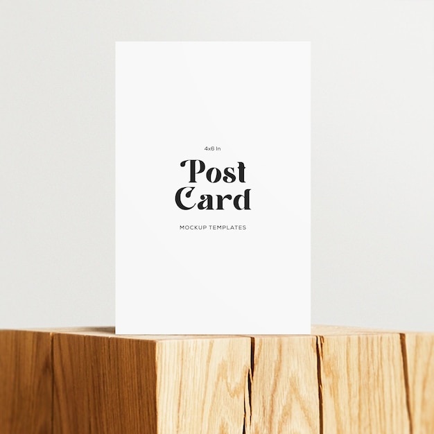 Vertical View of Post Card Mockup on Wood Podium Surface