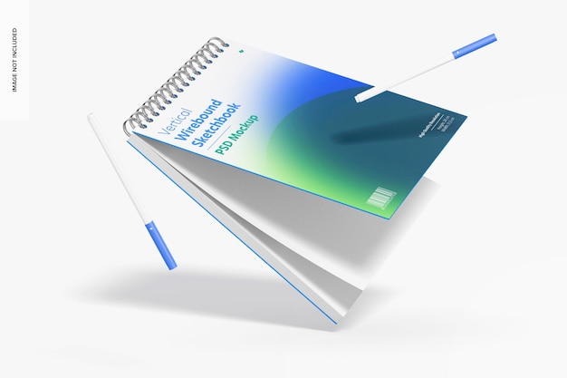 PSD vertical wirebound sketchbook mockup, falling