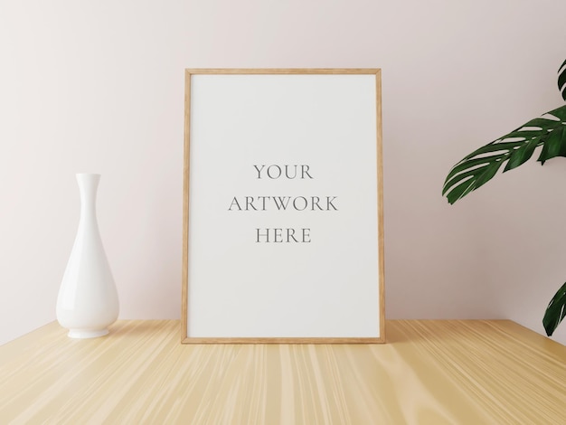 vertical wooden frame mockup on wooden table with vase and plants. 3d rendering.
