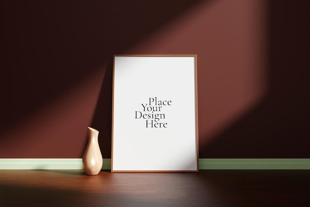 Vertical wooden poster or photo frame mockup with vase on the wooden floor leaning against the room wall with shadow