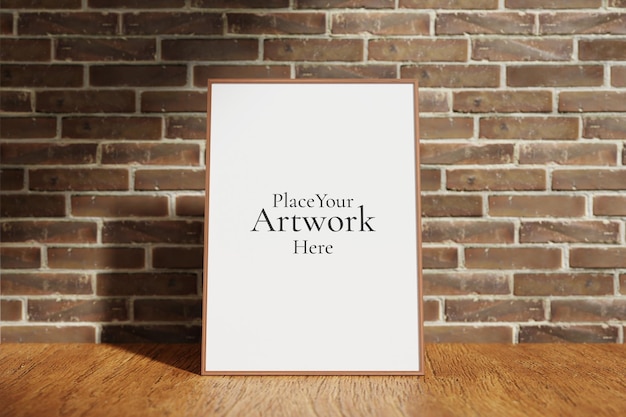 Vertical wooden poster or photo frame mockup on the wooden table with blurry brick background