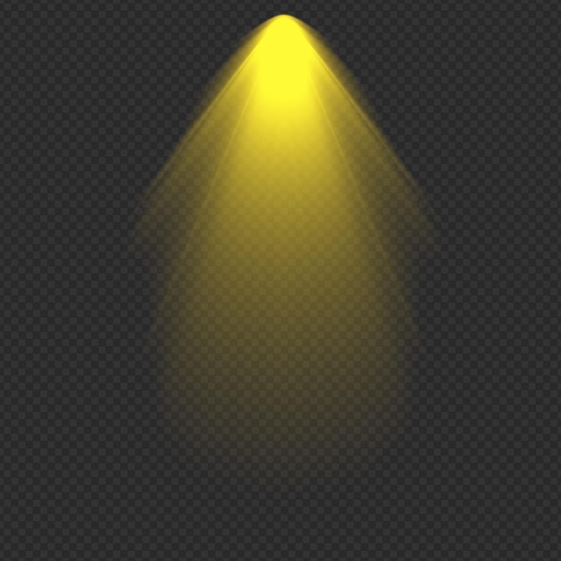 Effetto raggi faretto giallo verticale isolato su sfondo trasparente