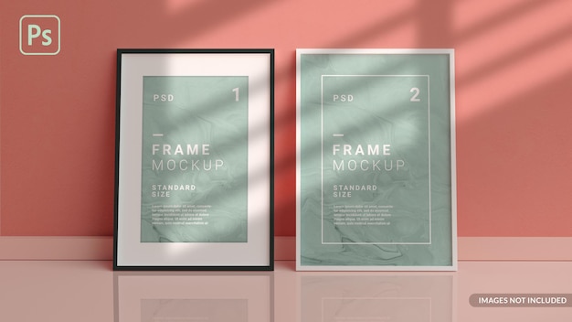 Verticale fotolijsten mockup op de vloer leunend tegen de muur van de kamer in 3D-weergave