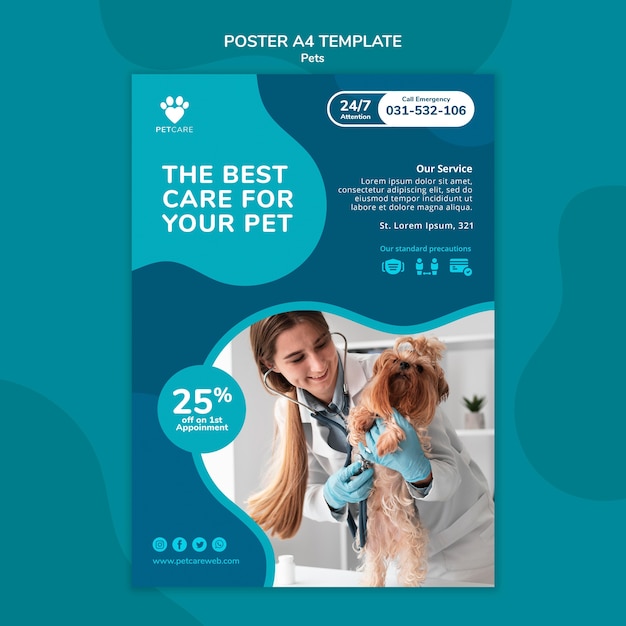 PSD verticale poster voor dierenverzorging met vrouwelijke dierenarts en yorkshire terrier-hond