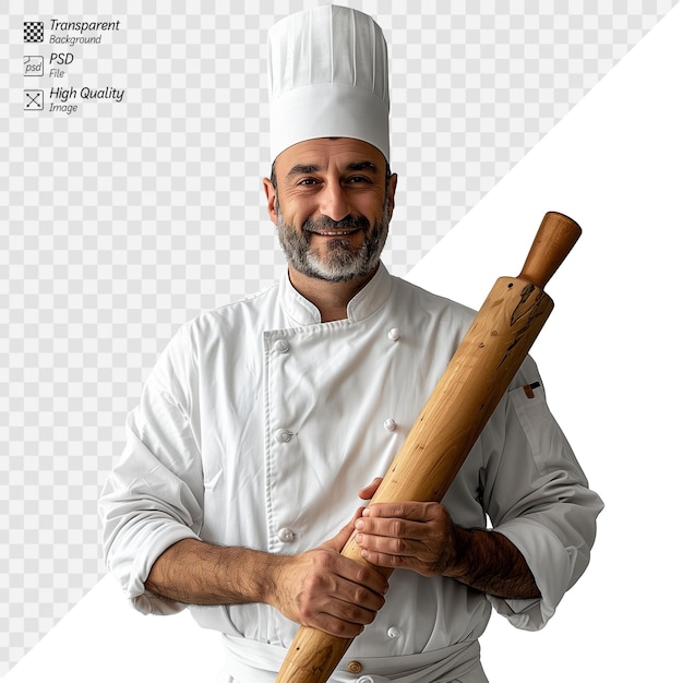 PSD vertrouwde chef-kok in wit uniform met een houten rolpen
