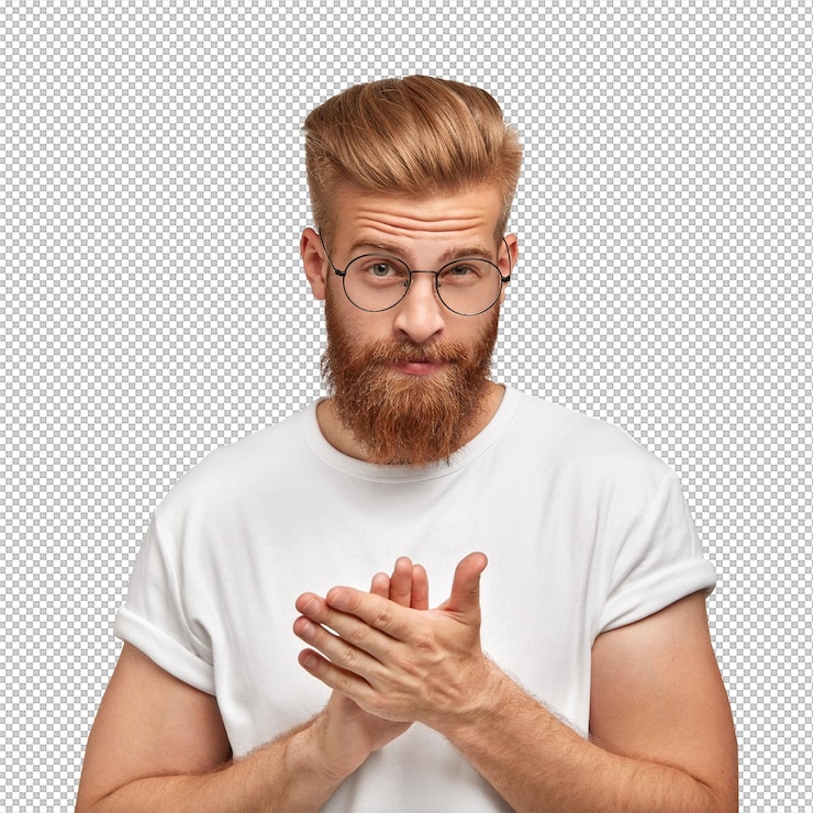 PSD vertrouwde knappe mannelijke applaus als begroetingen iemand heeft dikke gember baard en trendy kapsel casual gekleed klapt beide handen geïsoleerd over witte muur mensen en felicitatie concept