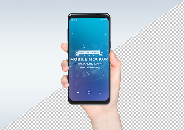 PSD verwijderde vrouwenhand die wit smartphonemodel houden