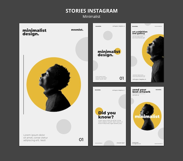 Verzameling Instagram-verhalen in minimalistische stijl voor kunstgalerie met man