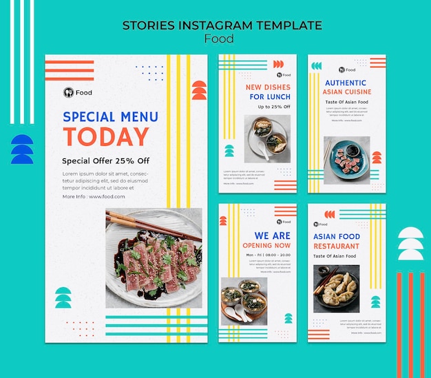 PSD verzameling instagram-verhalen met gerechten uit de aziatische keuken
