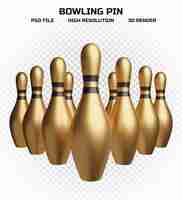 PSD verzameling van 3d render gouden bowling pinnen met zwarte strepen in hoge resolutie