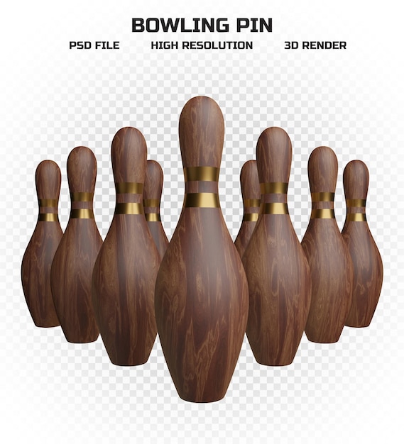 Verzameling van 3d render houten bowling pinnen met gouden strepen in hoge resolutie